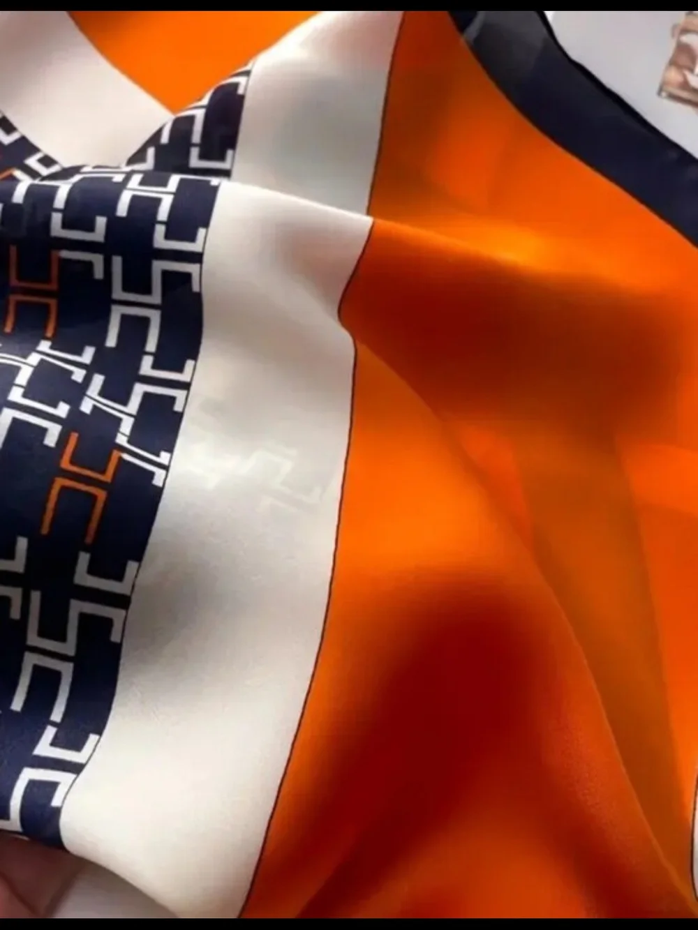 Silk-feel  Orange and Black Geometric  Head Scarf, Neck Scarf